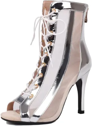 Women's Open Toe Latin Dance Boots Salsa Performance Ballroom Ankle Dancing Shoes,Model DS-118-Rubber Sole-3.74”heel