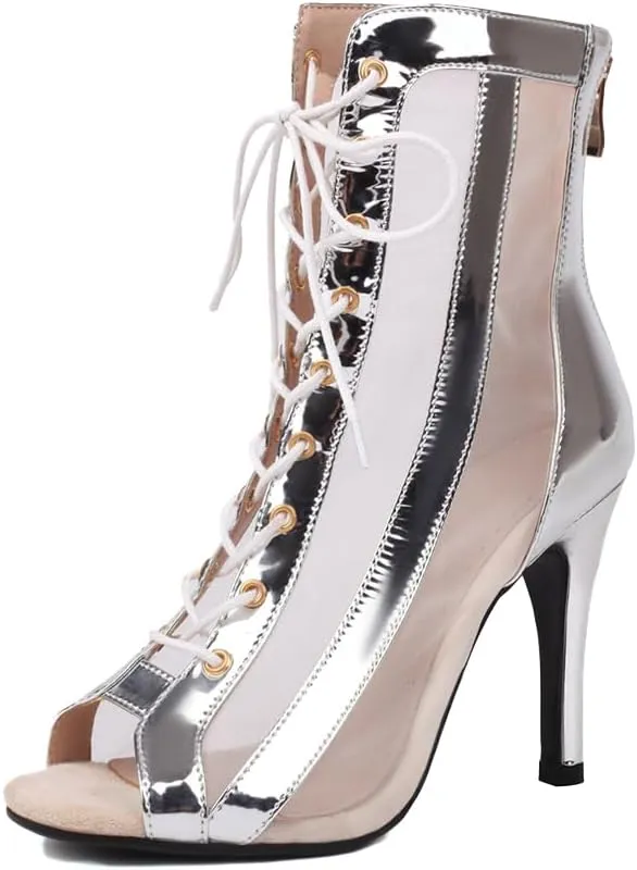 Women's Open Toe Latin Dance Boots Salsa Performance Ballroom Ankle Dancing Shoes,Model DS-118-Rubber Sole-3.74”heel
