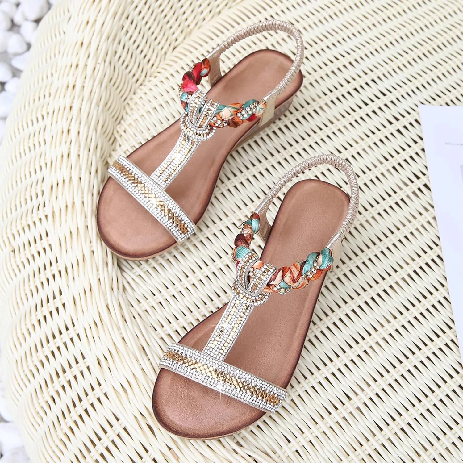 Women's Open Toe Summer Sandals Casual Bohemia Platform Shoes Comfortable Sparkling Ankle T-Strap Outdoor Beach Wedding Low Wedge Sanda