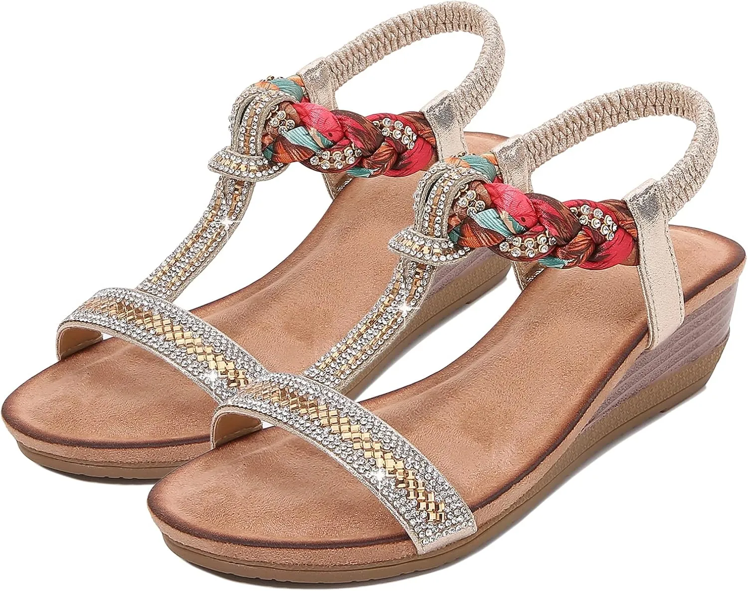 Women's Open Toe Summer Sandals Casual Bohemia Platform Shoes Comfortable Sparkling Ankle T-Strap Outdoor Beach Wedding Low Wedge Sanda