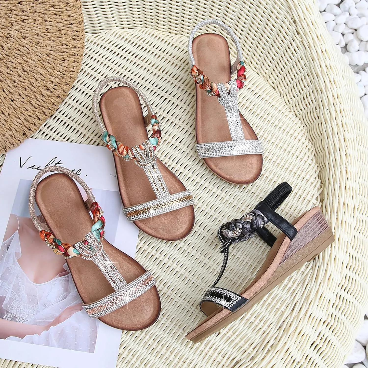 Women's Open Toe Summer Sandals Casual Bohemia Platform Shoes Comfortable Sparkling Ankle T-Strap Outdoor Beach Wedding Low Wedge Sanda