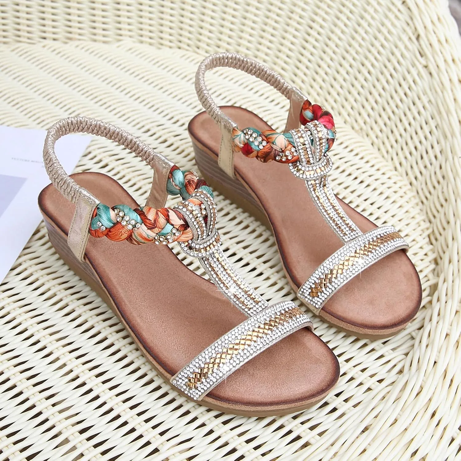 Women's Open Toe Summer Sandals Casual Bohemia Platform Shoes Comfortable Sparkling Ankle T-Strap Outdoor Beach Wedding Low Wedge Sanda