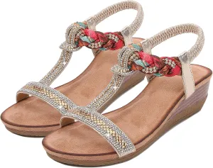 Women's Open Toe Summer Sandals Casual Bohemia Platform Shoes Comfortable Sparkling Ankle T-Strap Outdoor Beach Wedding Low Wedge Sanda