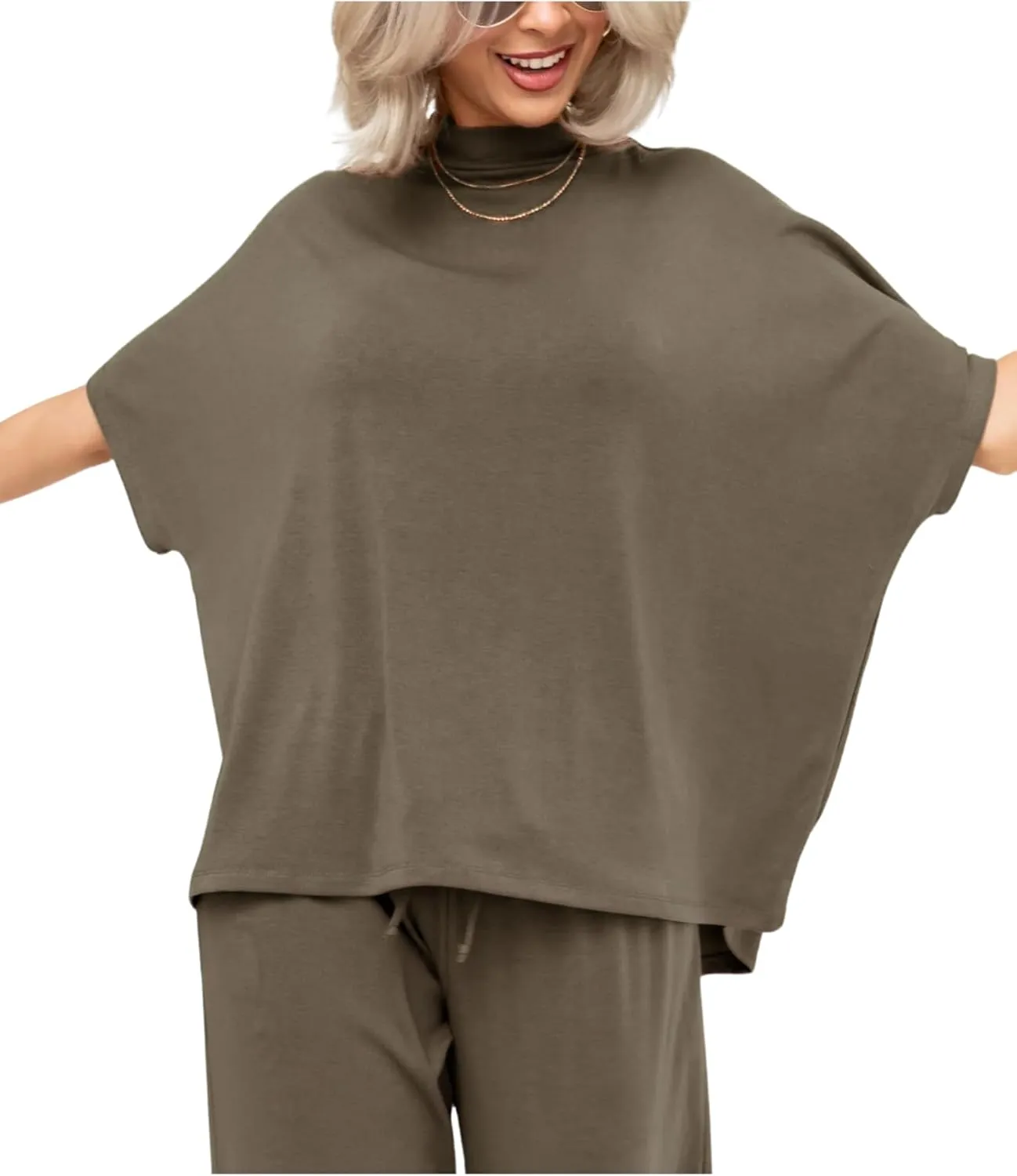 Women’s Oversized Lounge Set Soft Stretchy Mock Neck Top Wide-Leg Pants Casual Travel Loungewear 2Piece Outfit