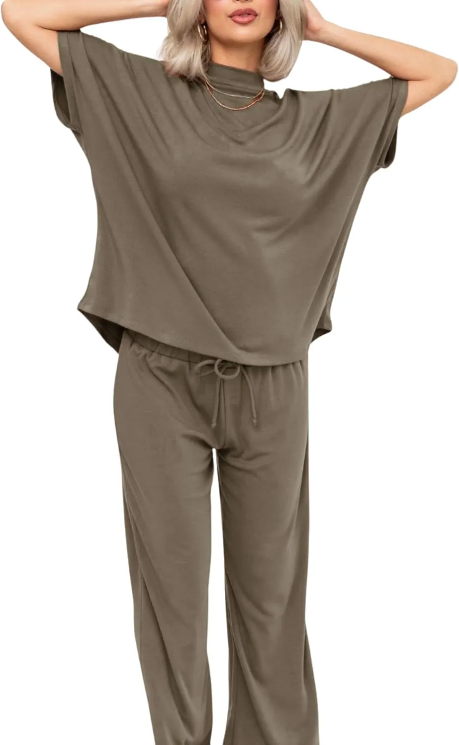 Women’s Oversized Lounge Set Soft Stretchy Mock Neck Top Wide-Leg Pants Casual Travel Loungewear 2Piece Outfit