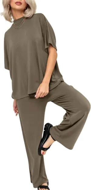 Women’s Oversized Lounge Set Soft Stretchy Mock Neck Top Wide-Leg Pants Casual Travel Loungewear 2Piece Outfit