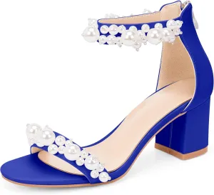 Women's Pearl Decoration Ankle Strap Sandals Chunky Block Heel Wedding Party Shoes
