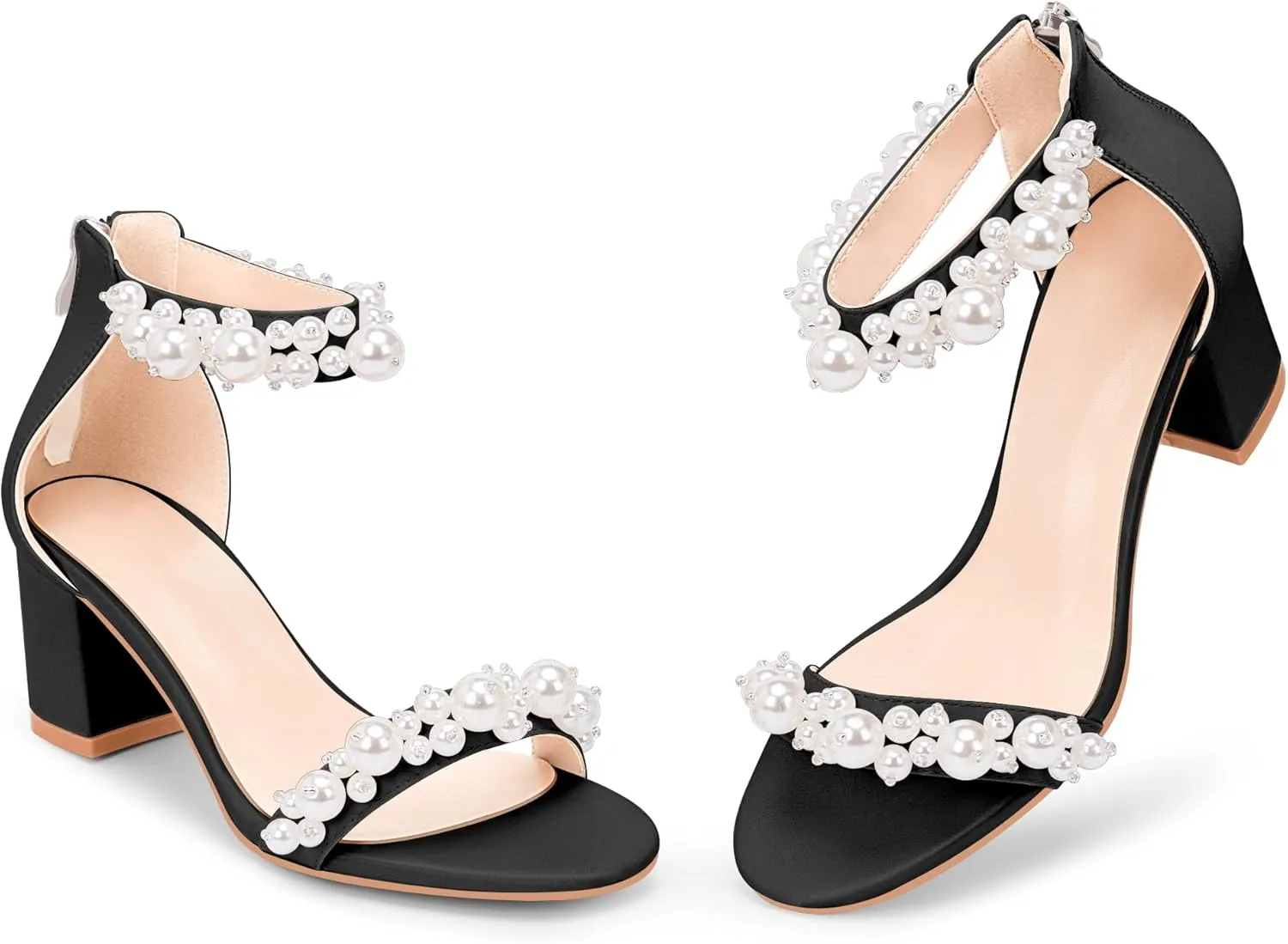 Women's Pearl Decoration Ankle Strap Sandals Chunky Block Heel Wedding Party Shoes