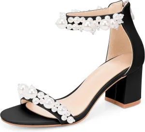 Women's Pearl Decoration Ankle Strap Sandals Chunky Block Heel Wedding Party Shoes