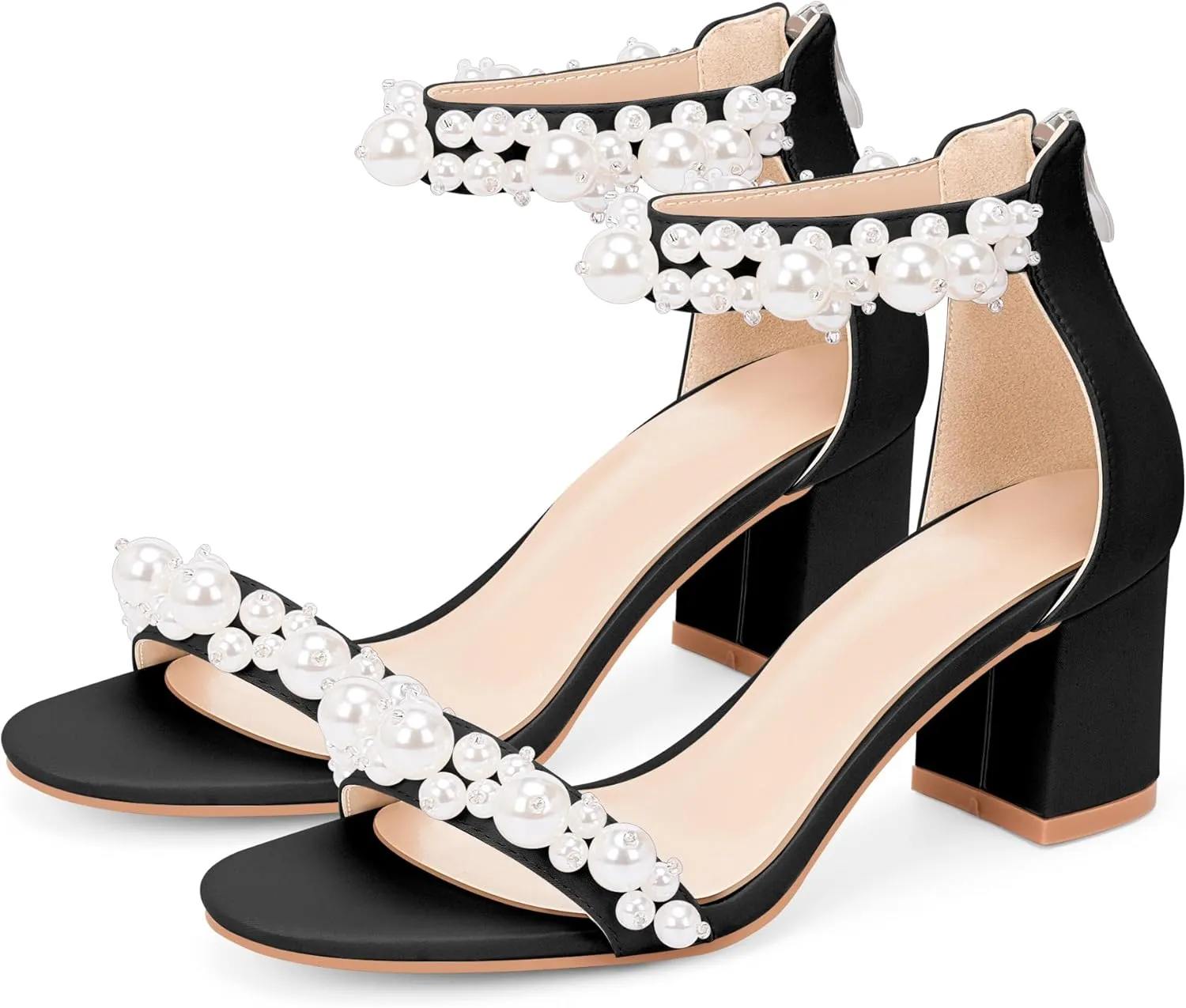 Women's Pearl Decoration Ankle Strap Sandals Chunky Block Heel Wedding Party Shoes