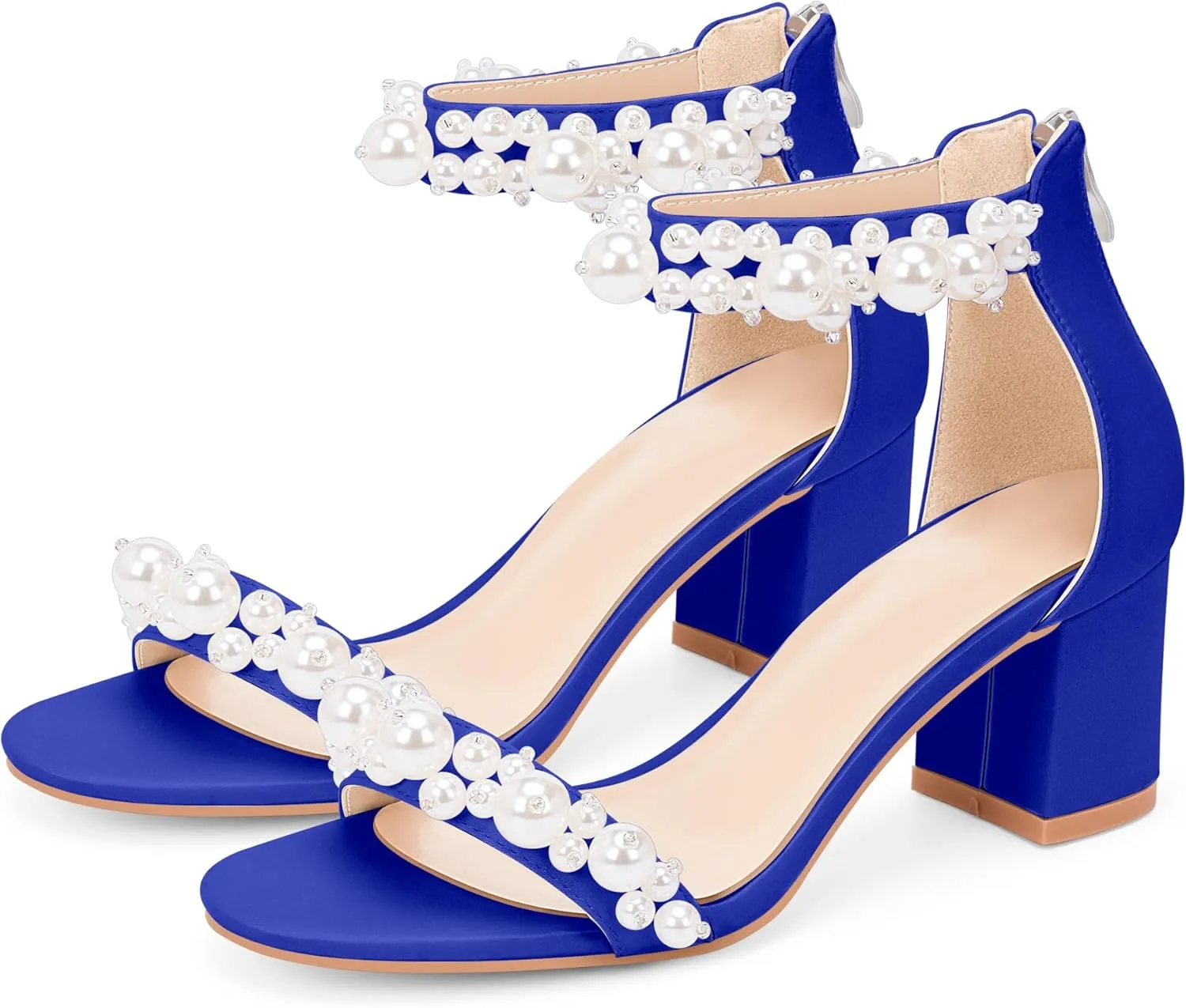 Women's Pearl Decoration Ankle Strap Sandals Chunky Block Heel Wedding Party Shoes