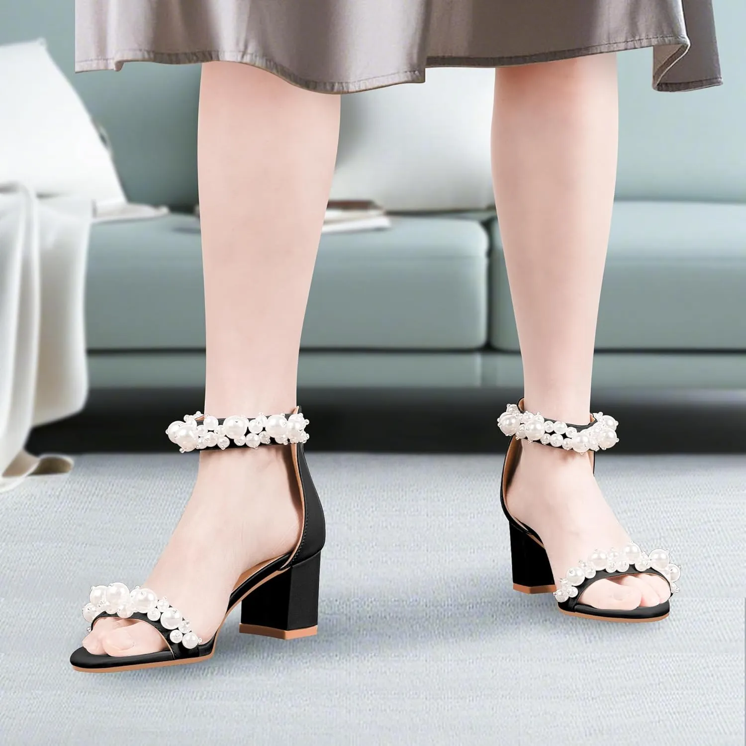 Women's Pearl Decoration Ankle Strap Sandals Chunky Block Heel Wedding Party Shoes