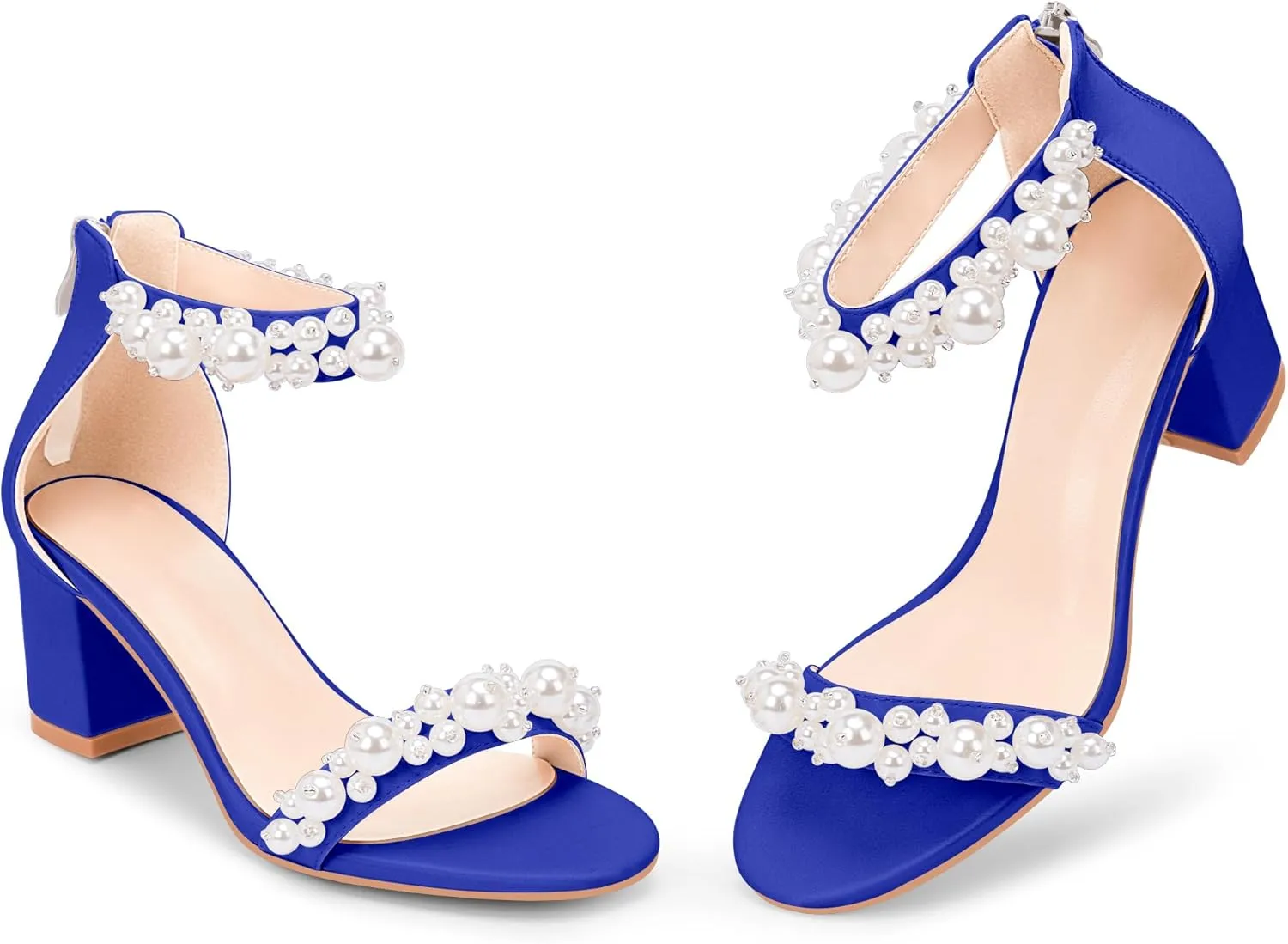 Women's Pearl Decoration Ankle Strap Sandals Chunky Block Heel Wedding Party Shoes