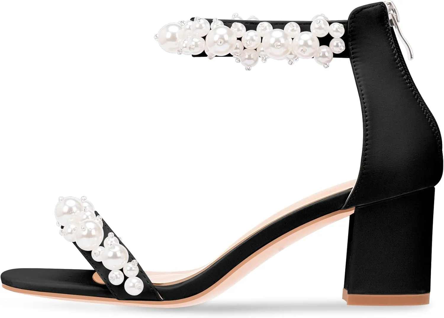 Women's Pearl Decoration Ankle Strap Sandals Chunky Block Heel Wedding Party Shoes