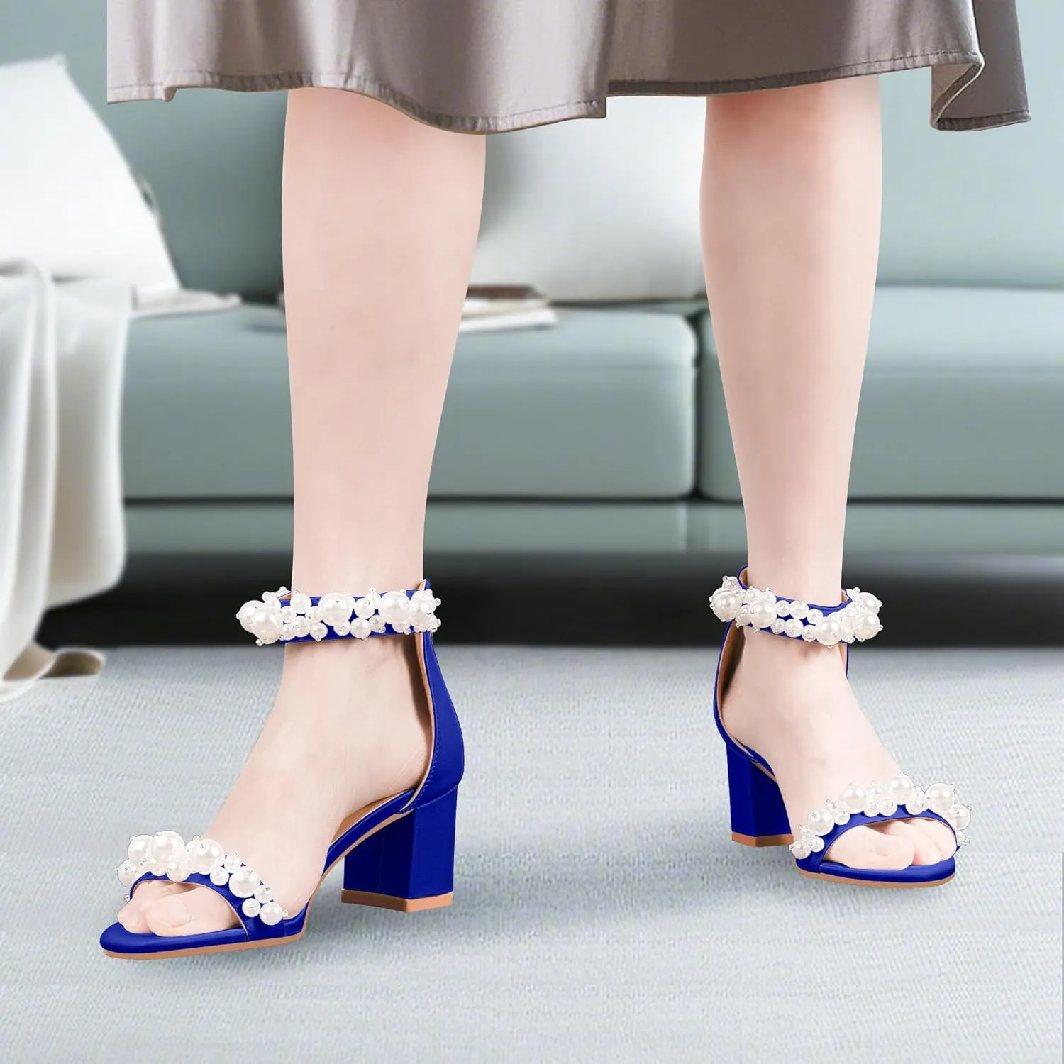 Women's Pearl Decoration Ankle Strap Sandals Chunky Block Heel Wedding Party Shoes