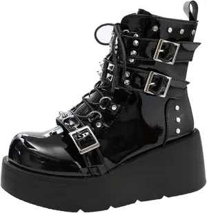 Women's Platform Gothic Ankle Booties With Adjust Studded Metal Buckle Fashion Y2k Zip Lace Up Wedge Thick Sole Punk Motorcycle Combat Short Boots