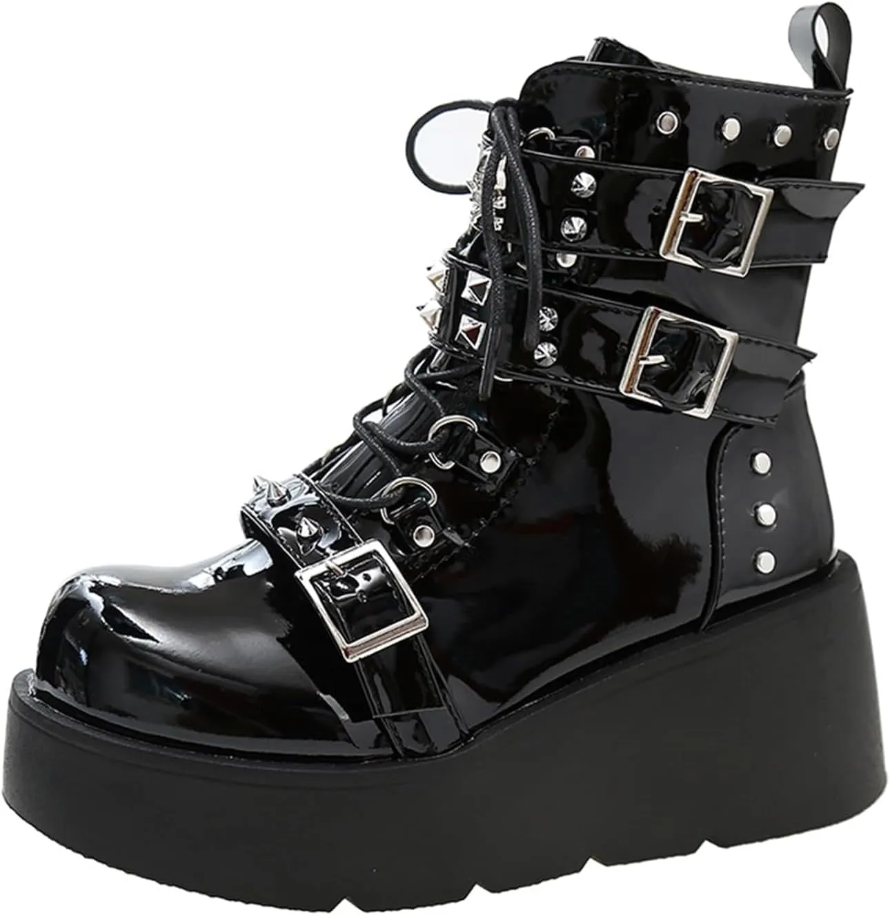Women's Platform Gothic Ankle Booties With Adjust Studded Metal Buckle Fashion Y2k Zip Lace Up Wedge Thick Sole Punk Motorcycle Combat Short Boots