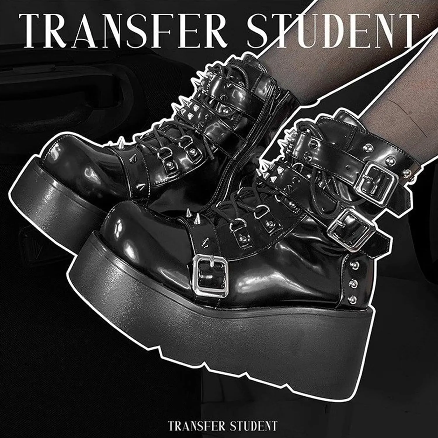 Women's Platform Gothic Ankle Booties With Adjust Studded Metal Buckle Fashion Y2k Zip Lace Up Wedge Thick Sole Punk Motorcycle Combat Short Boots