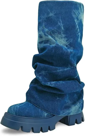 Women's Platform Round Toe Fold Over Boots Metallic Mid Calf Boots Chunky Heel Pull-On Fashion Shark Booties for Ladies Party Shoes