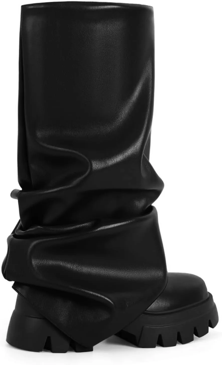 Women's Platform Round Toe Fold Over Boots Metallic Mid Calf Boots Chunky Heel Pull-On Fashion Shark Booties for Ladies Party Shoes