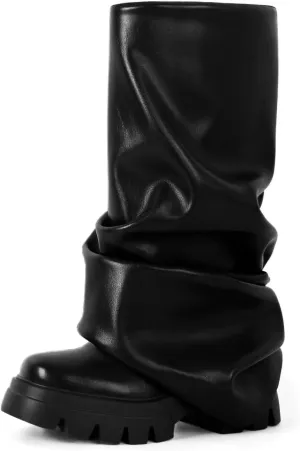 Women's Platform Round Toe Fold Over Boots Metallic Mid Calf Boots Chunky Heel Pull-On Fashion Shark Booties for Ladies Party Shoes