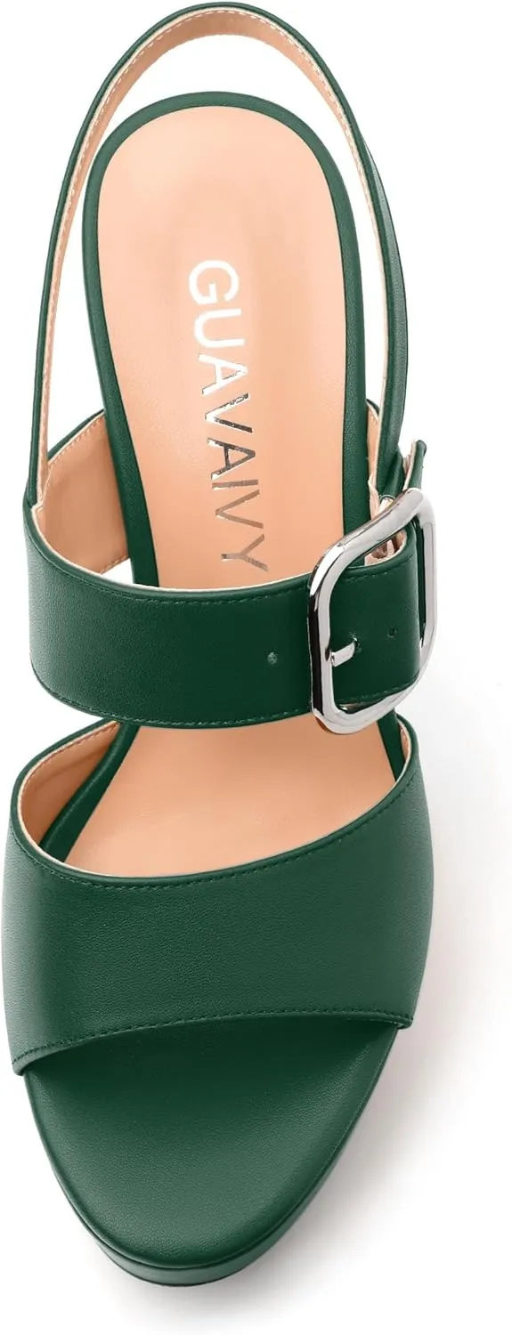 Women's Platform Sandals, Round Toe Chunky High Heels, Fashion Ankle Strap Buckle Heeled Sandal 4.8 Inch