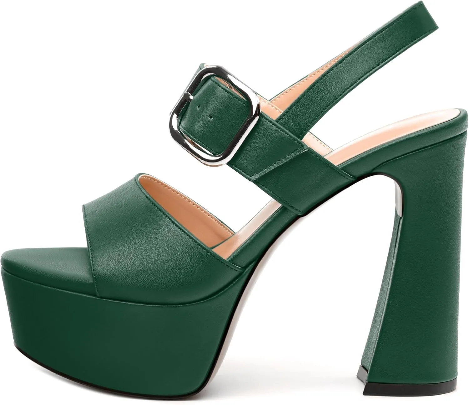 Women's Platform Sandals, Round Toe Chunky High Heels, Fashion Ankle Strap Buckle Heeled Sandal 4.8 Inch