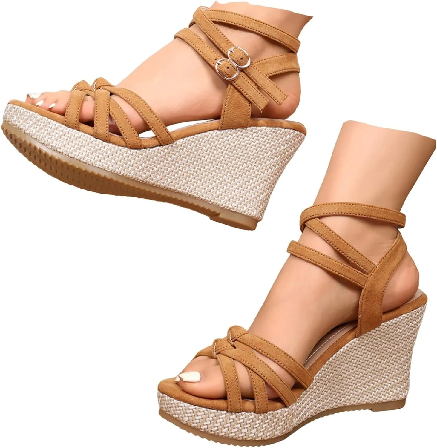 Women's Platform Sandals Wedge Ankle Strap Open Toe Sandals, Espadrille Dressy Wedge Sandals, Women's Platform Sandals Casual Summer, Comfortable High Heeled Wedges, 9