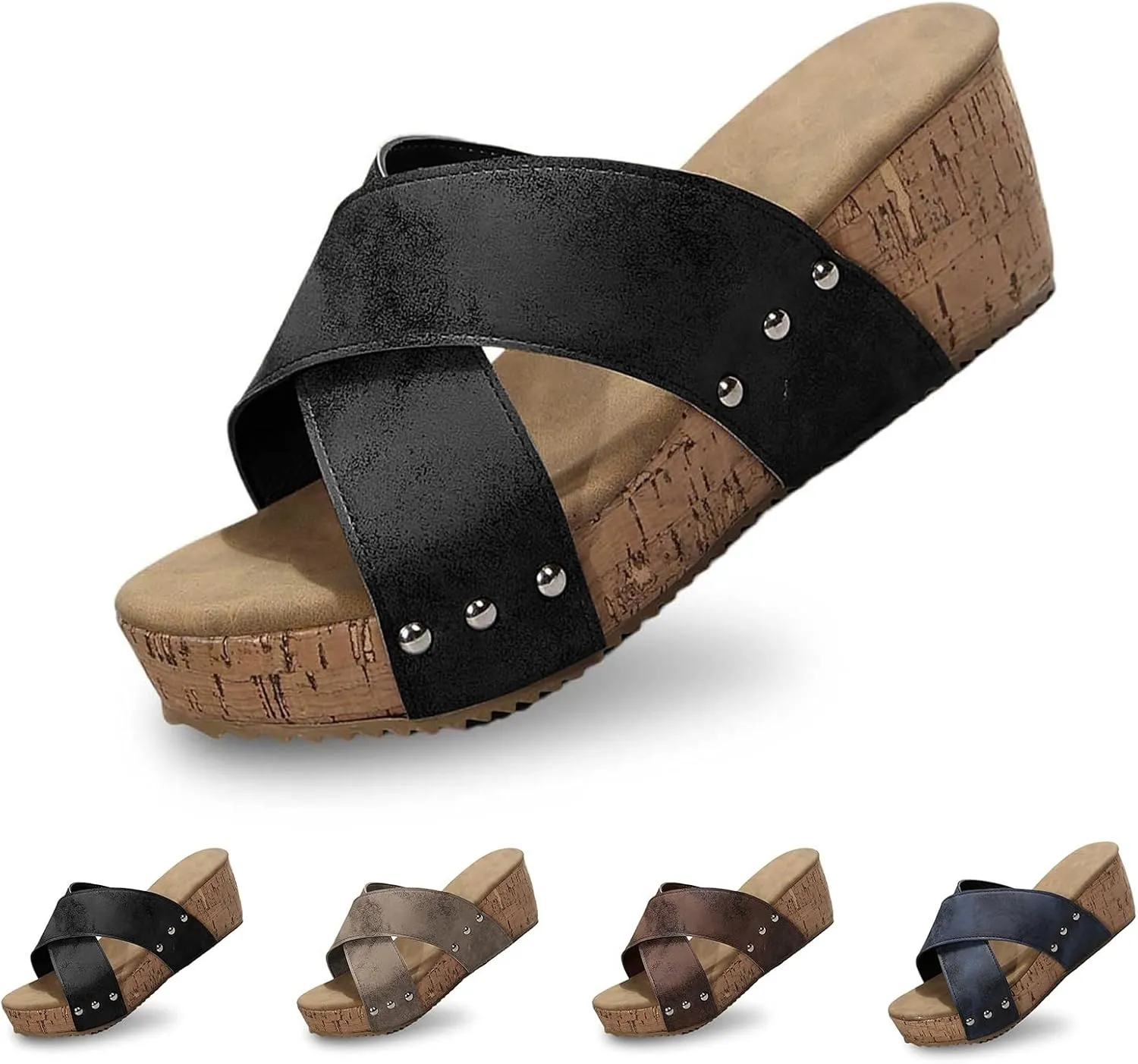 Women's Platform Wedge Sandals Cross Strap Arch Support Slides Comfortable Open Toe Cork Casual Slide Sandals Slip On Walking Summer Shoes Casual Footwear