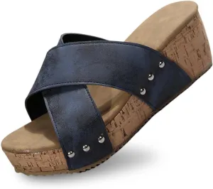 Women's Platform Wedge Sandals Cross Strap Arch Support Slides Comfortable Open Toe Cork Casual Slide Sandals Slip On Walking Summer Shoes Casual Footwear