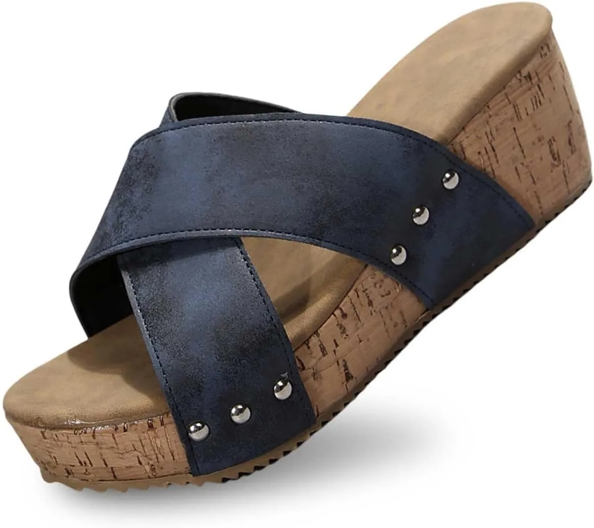Women's Platform Wedge Sandals Cross Strap Arch Support Slides Comfortable Open Toe Cork Casual Slide Sandals Slip On Walking Summer Shoes Casual Footwear