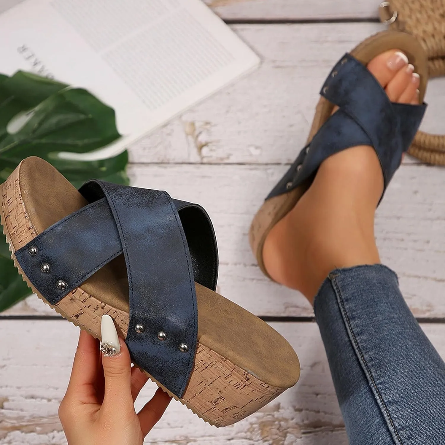 Women's Platform Wedge Sandals Cross Strap Arch Support Slides Comfortable Open Toe Cork Casual Slide Sandals Slip On Walking Summer Shoes Casual Footwear