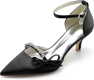 Womens Pointed Toe Ankle Strap Court Shoes with Rhinestone Dress Pumps Mid Kitten Heel Satin Wedding Shoes for Bridal