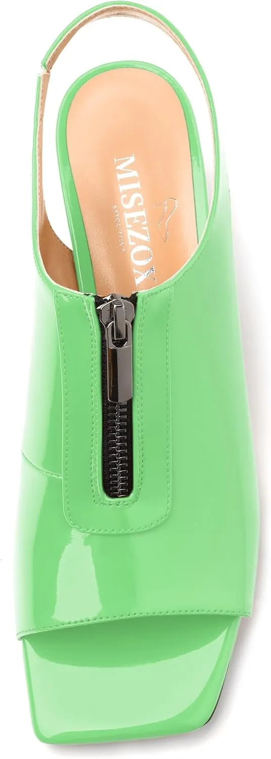 Womens Pumps, Square Peep Toe Mid Block Heel Slingback Pumps for Women, Open Toe Backless Pumps with Front Zipper 2