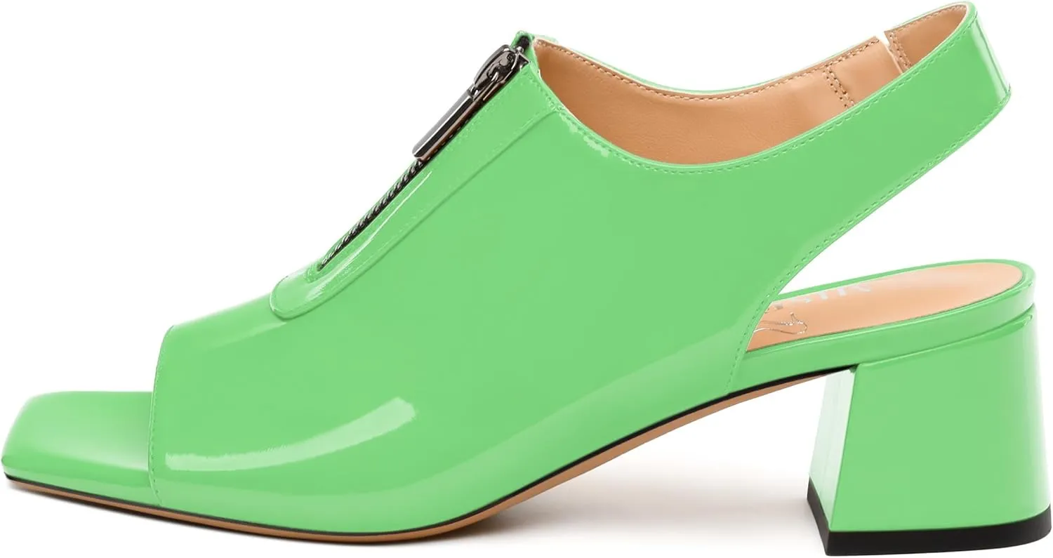 Womens Pumps, Square Peep Toe Mid Block Heel Slingback Pumps for Women, Open Toe Backless Pumps with Front Zipper 2