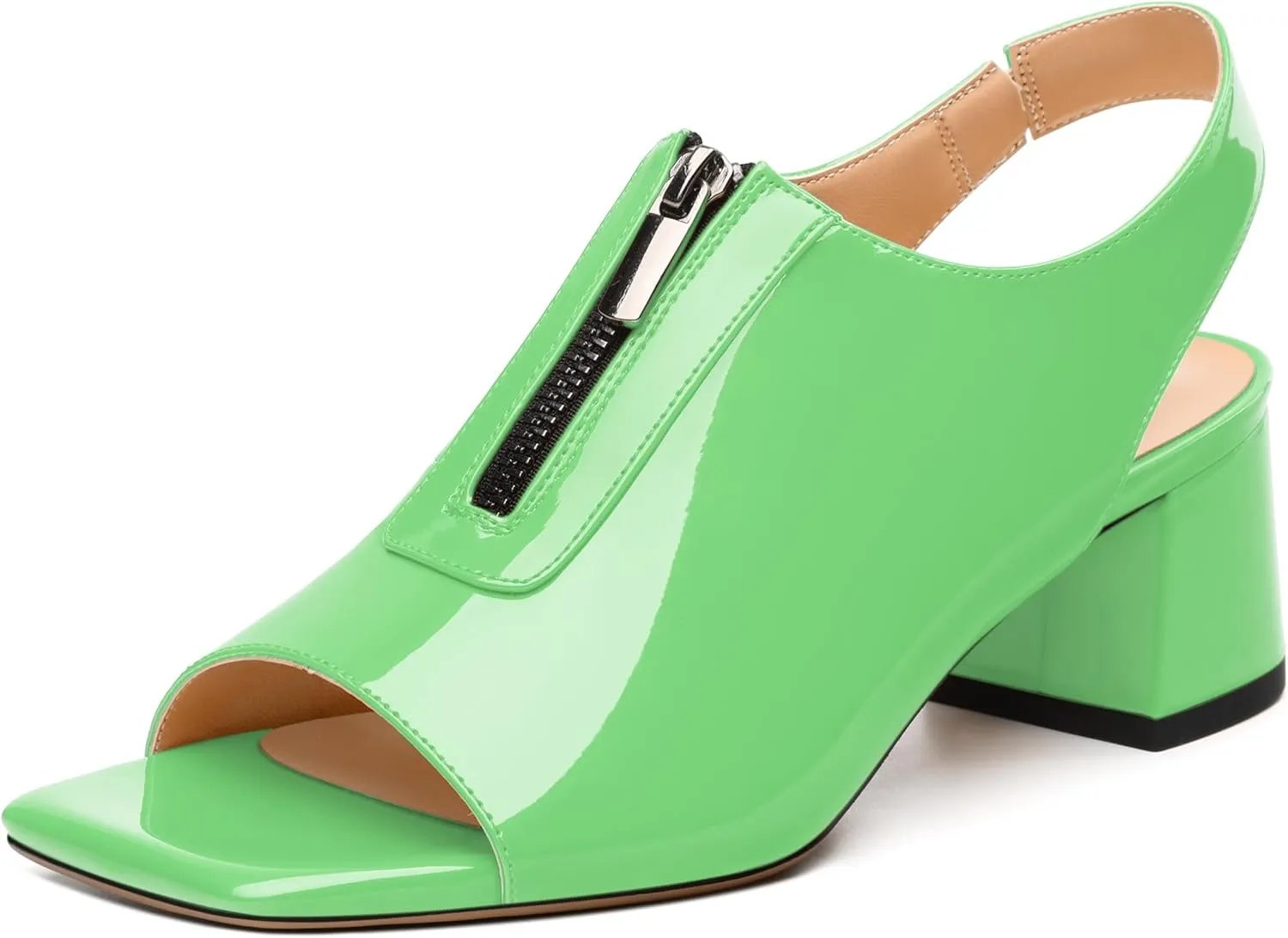 Womens Pumps, Square Peep Toe Mid Block Heel Slingback Pumps for Women, Open Toe Backless Pumps with Front Zipper 2