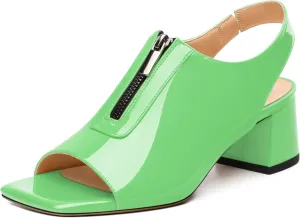 Womens Pumps, Square Peep Toe Mid Block Heel Slingback Pumps for Women, Open Toe Backless Pumps with Front Zipper 2