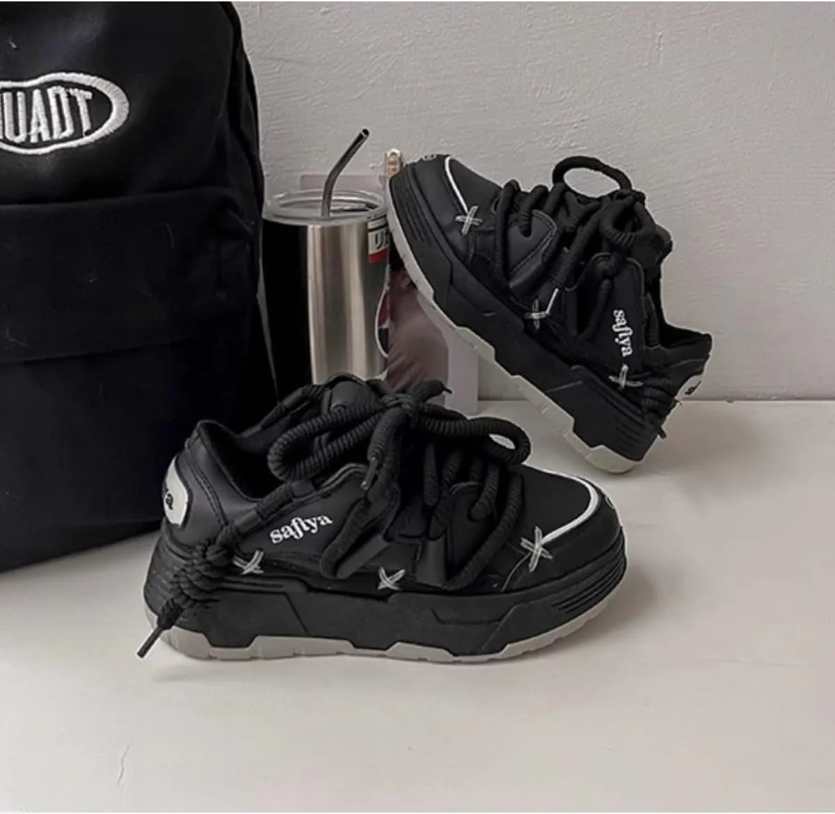 Women's Retro Y2K Puffy Bread Platform Sneakers - Chunky Fashion Statement Shoes with Unique Cross Lacing - Trendy Thick Sole Streetwear Kicks