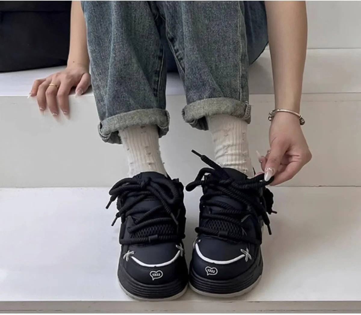 Women's Retro Y2K Puffy Bread Platform Sneakers - Chunky Fashion Statement Shoes with Unique Cross Lacing - Trendy Thick Sole Streetwear Kicks