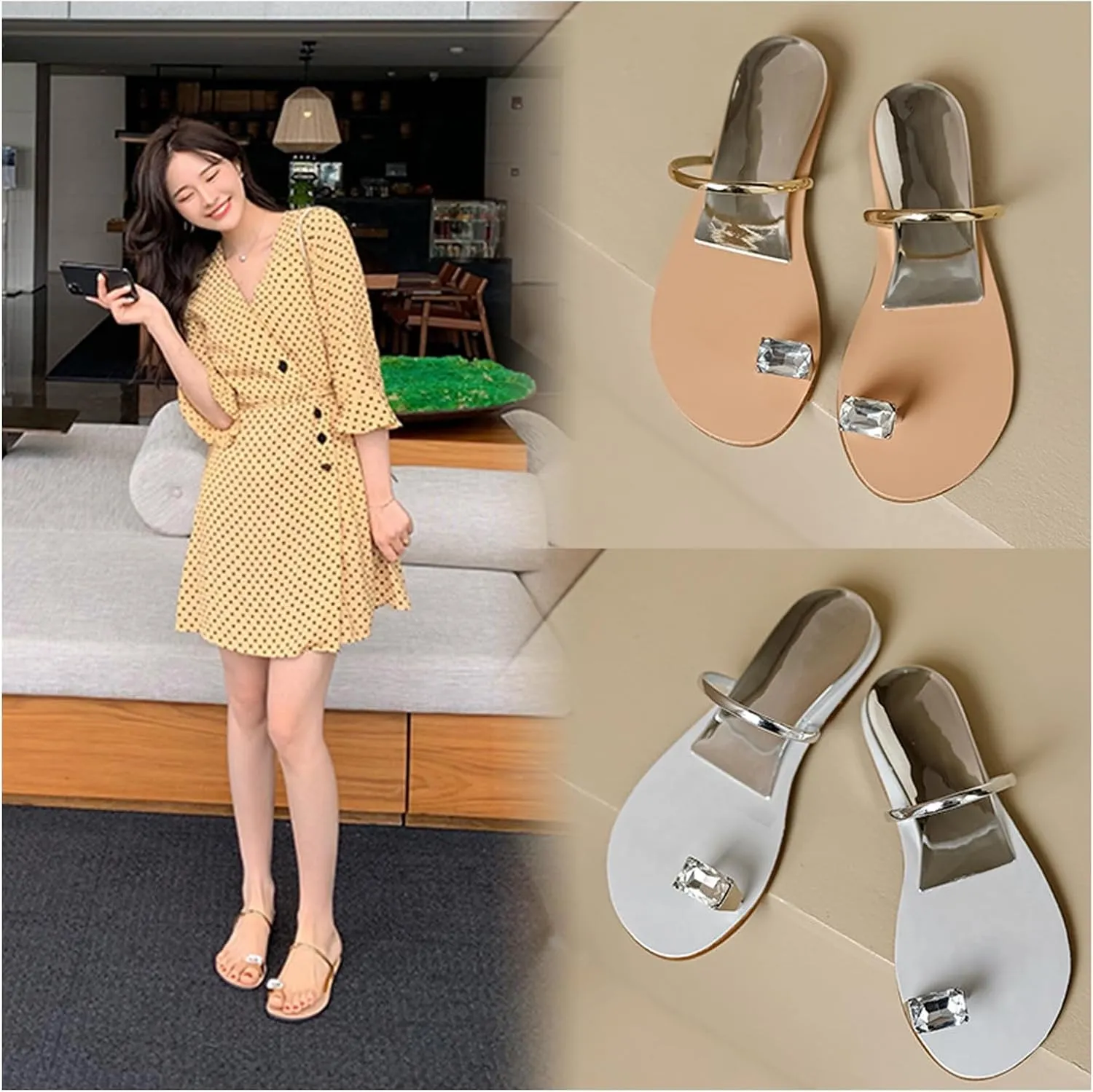 Women's Rhinestone Beach Wedding Summer Jeweled Sandals Slip on Toe Ring Loop Bling Jelly Flat Gladiator Sandals Dress Flip Flops