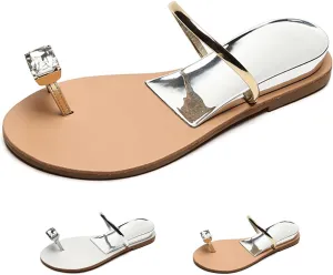 Women's Rhinestone Beach Wedding Summer Jeweled Sandals Slip on Toe Ring Loop Bling Jelly Flat Gladiator Sandals Dress Flip Flops
