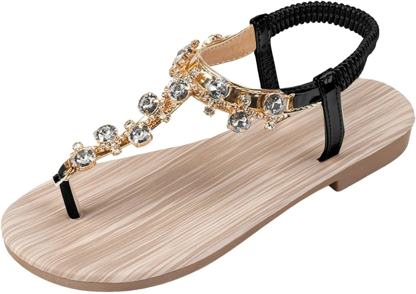 Women's Rhinestone Flat Sandals Dressy Summer Strappy Comfortable Ankle Strap Elastic T-Strap Thong Sandals Beach Flip Flops Ladies Fashion Shoes (c-Black, 8.5)