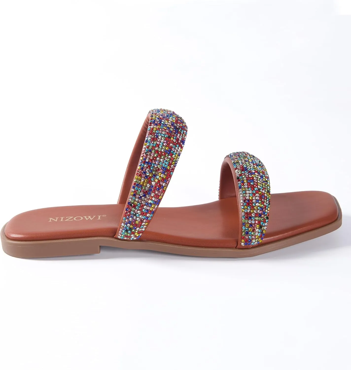 Women's Rhinestone Flat Sandals for Women Slip On Square Open Toe Slides Sandals Sparkly Cute Two Strap Flat Dressy Wedding Summer
