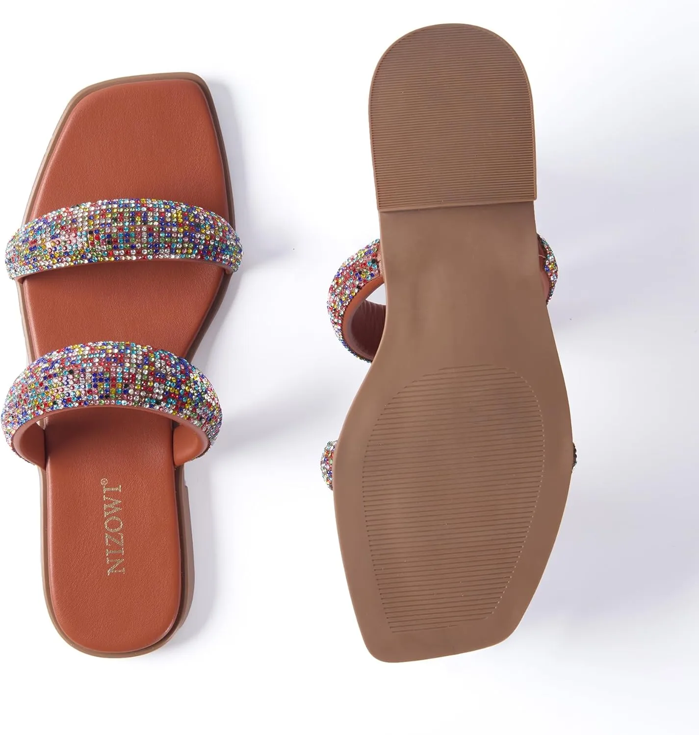 Women's Rhinestone Flat Sandals for Women Slip On Square Open Toe Slides Sandals Sparkly Cute Two Strap Flat Dressy Wedding Summer