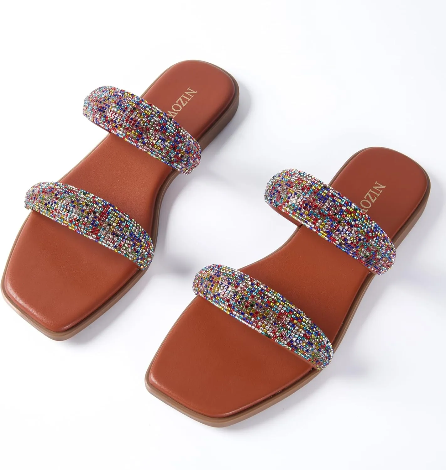 Women's Rhinestone Flat Sandals for Women Slip On Square Open Toe Slides Sandals Sparkly Cute Two Strap Flat Dressy Wedding Summer