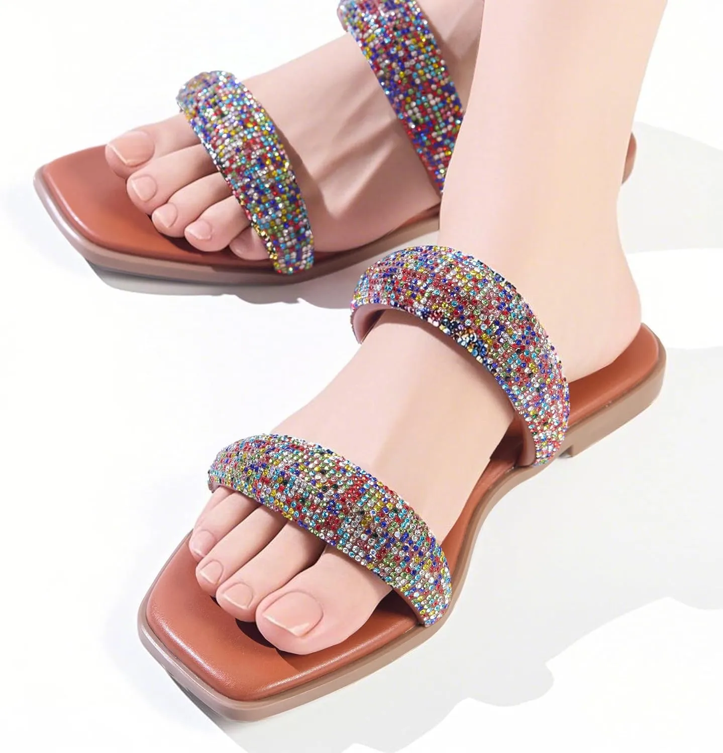 Women's Rhinestone Flat Sandals for Women Slip On Square Open Toe Slides Sandals Sparkly Cute Two Strap Flat Dressy Wedding Summer