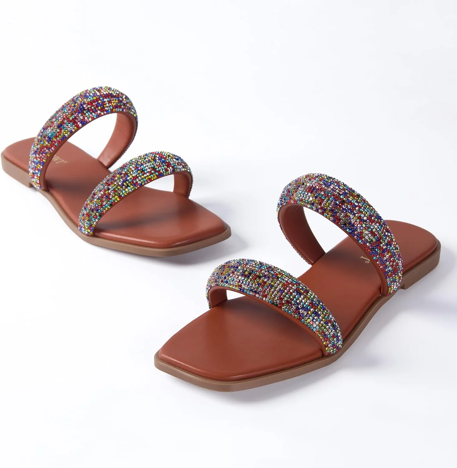 Women's Rhinestone Flat Sandals for Women Slip On Square Open Toe Slides Sandals Sparkly Cute Two Strap Flat Dressy Wedding Summer