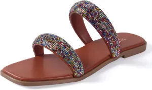 Women's Rhinestone Flat Sandals for Women Slip On Square Open Toe Slides Sandals Sparkly Cute Two Strap Flat Dressy Wedding Summer