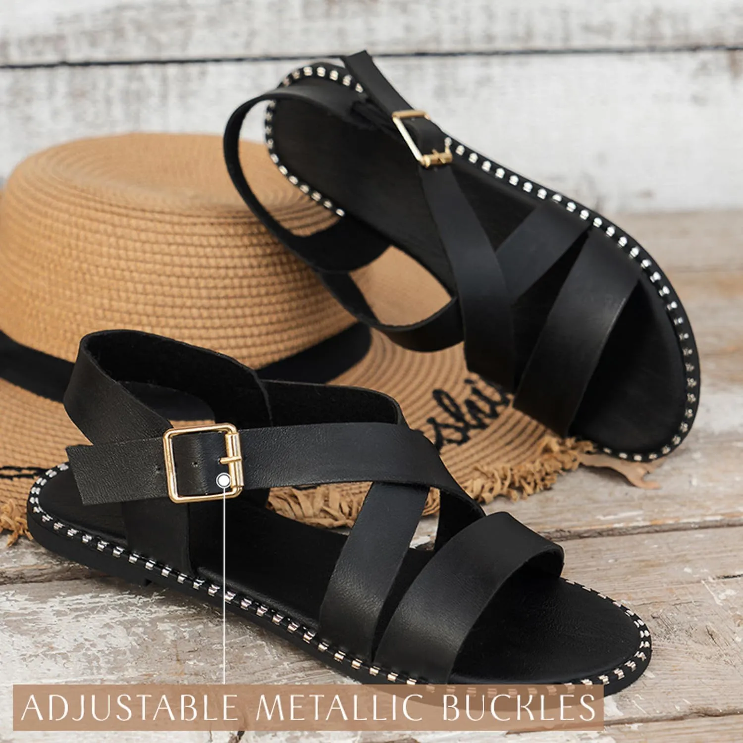 Womens Sandals Comfortable Wide Leather Crisscross Summer Square Toe Flat Slide Sandals