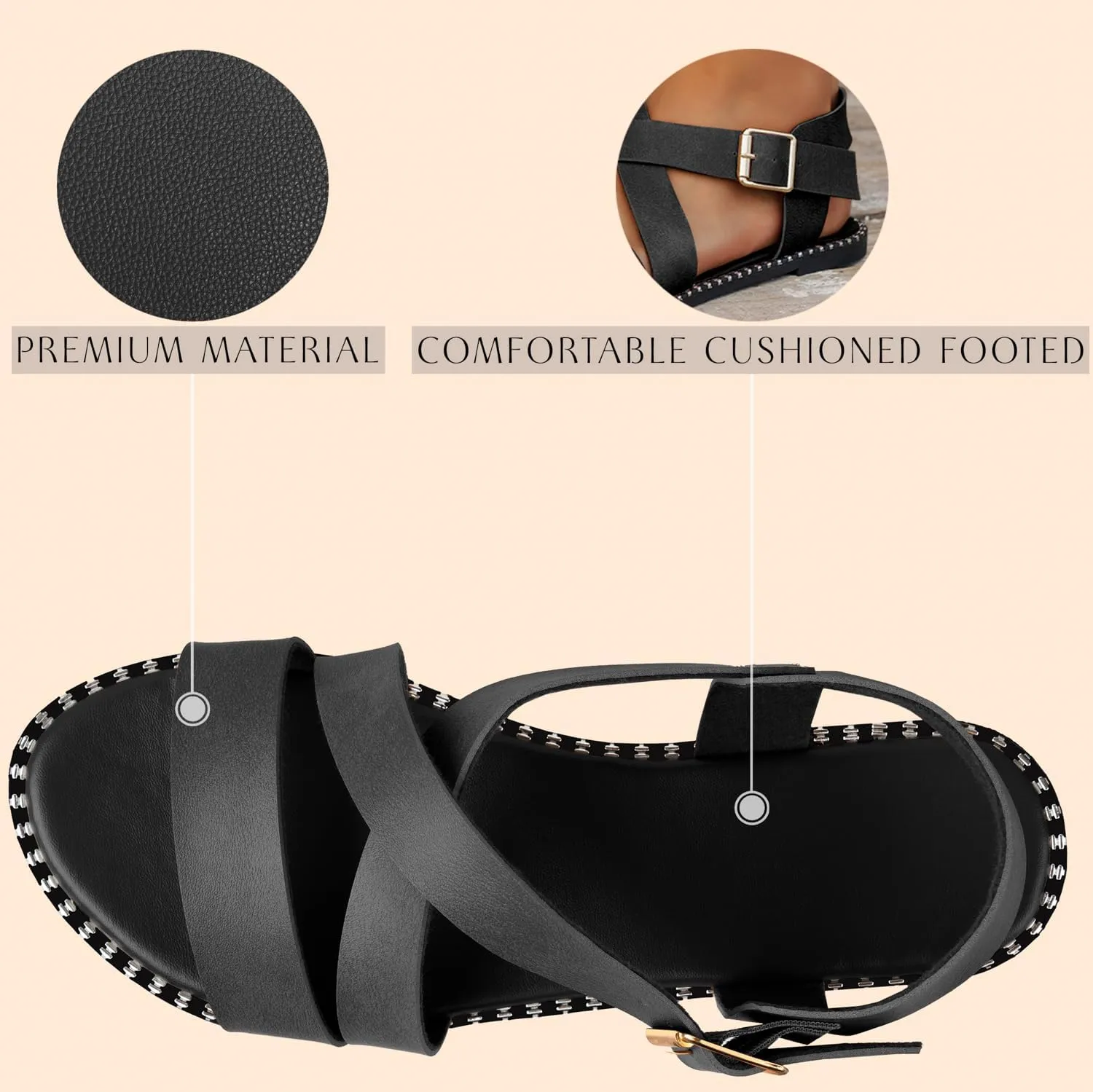 Womens Sandals Comfortable Wide Leather Crisscross Summer Square Toe Flat Slide Sandals